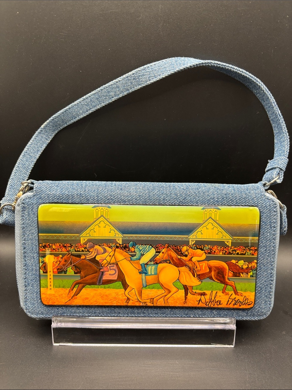 Denim Shoulder Bag with Yellow Racing Artwork Panel